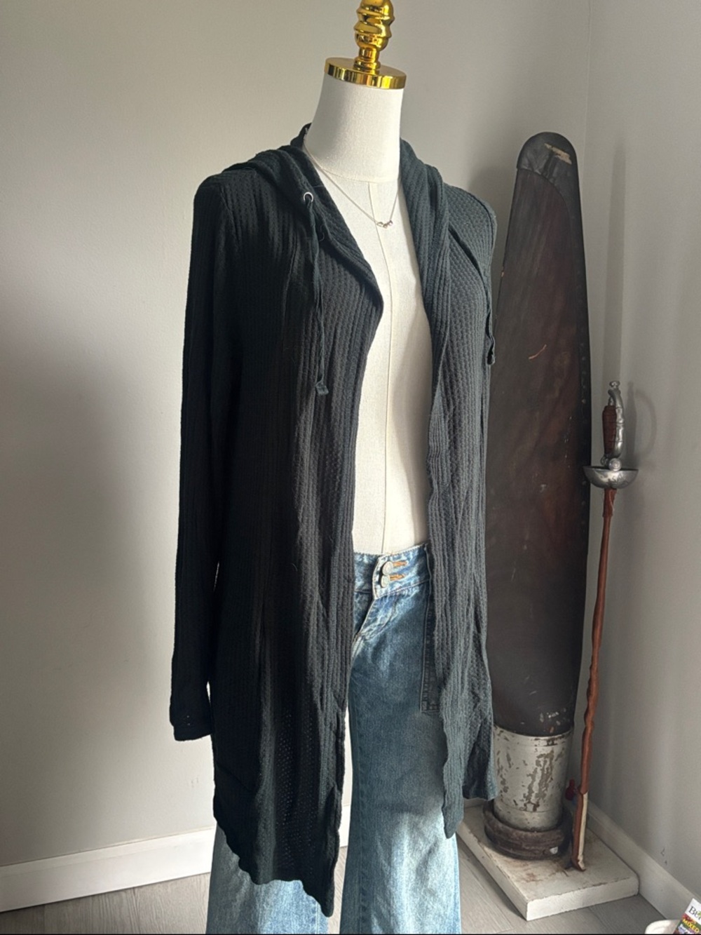 Cupio Black Hooded Long Open-Front Cardigan